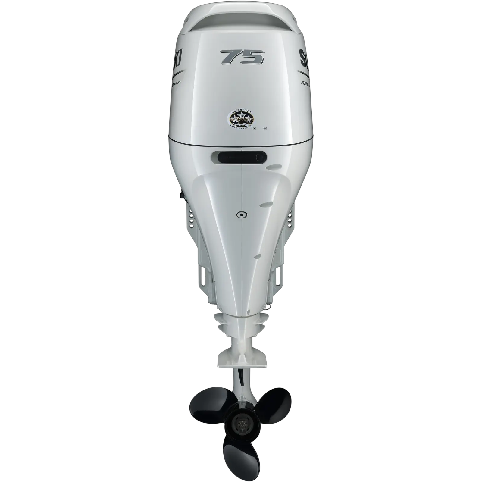 A white outboard motor with black propeller and 75 horsepower marking.