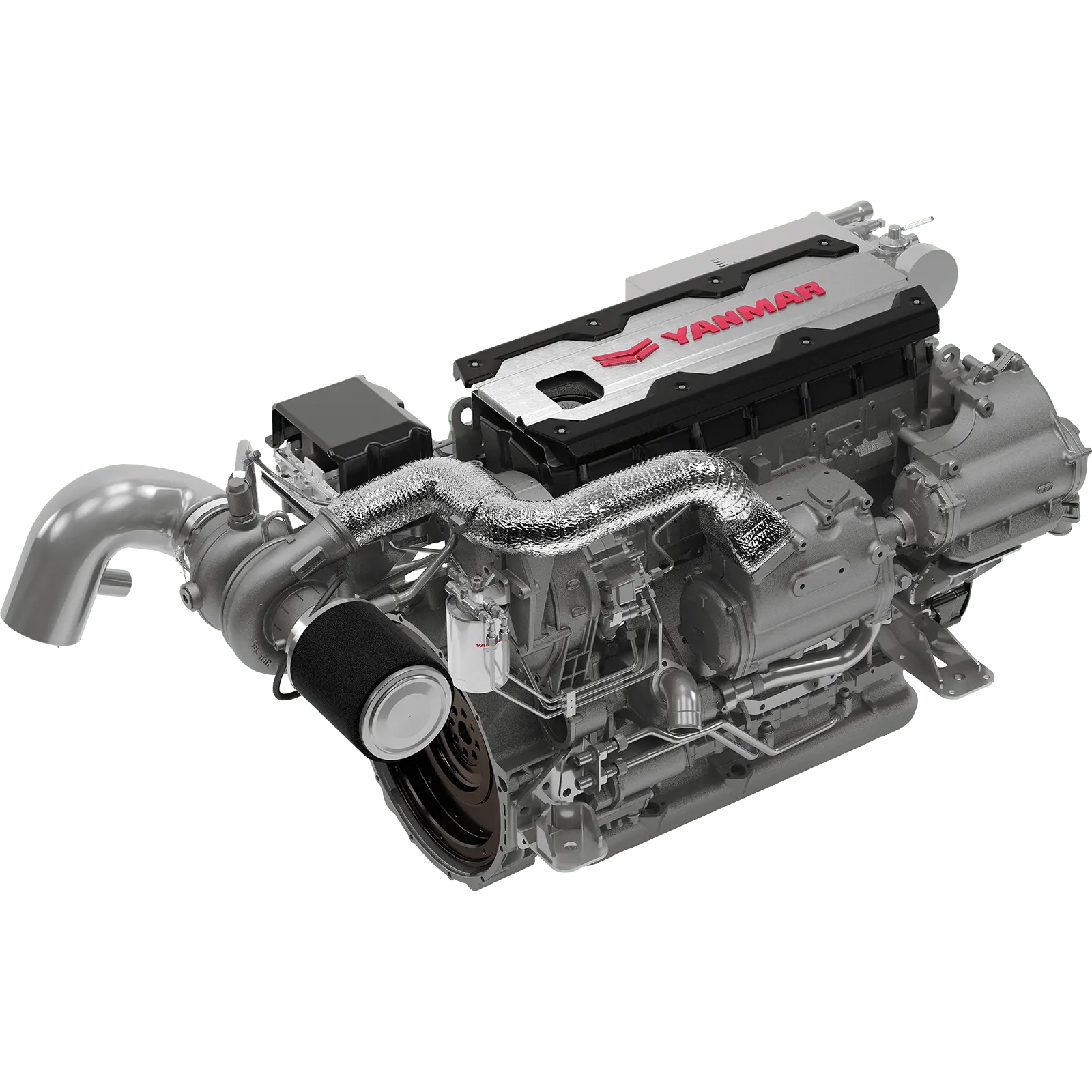 A Yanmar diesel engine with exposed components and air intake hose.