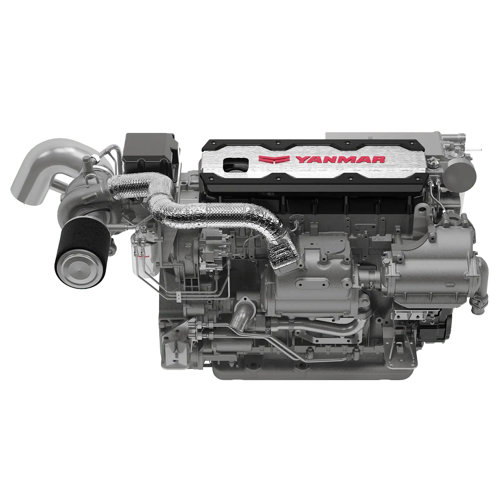 A Yanmar engine with silver and black components against white background.