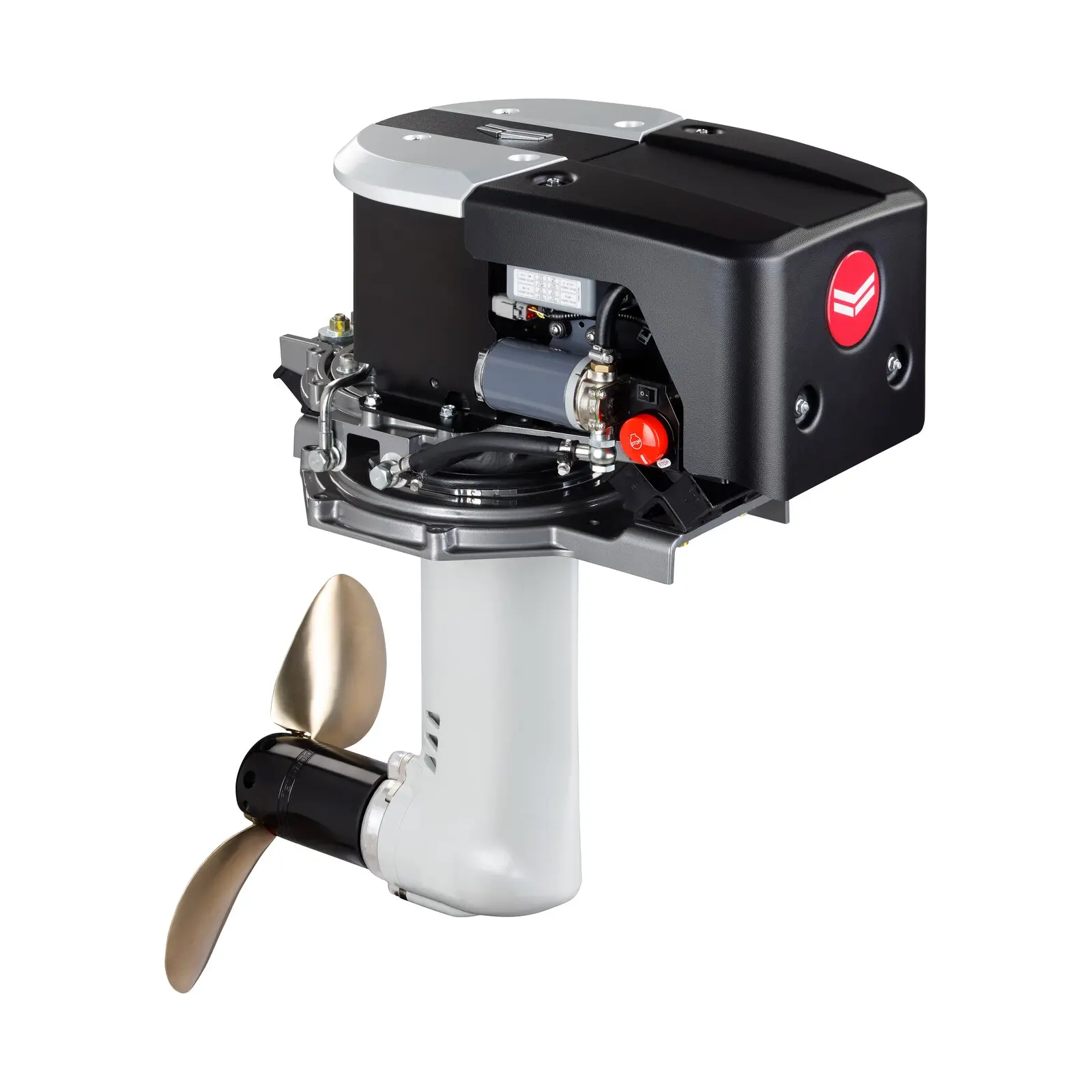 A small outboard motor with exposed internal components and propeller.