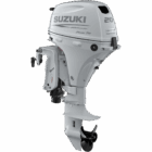 White outboard motor with black propeller and control levers.