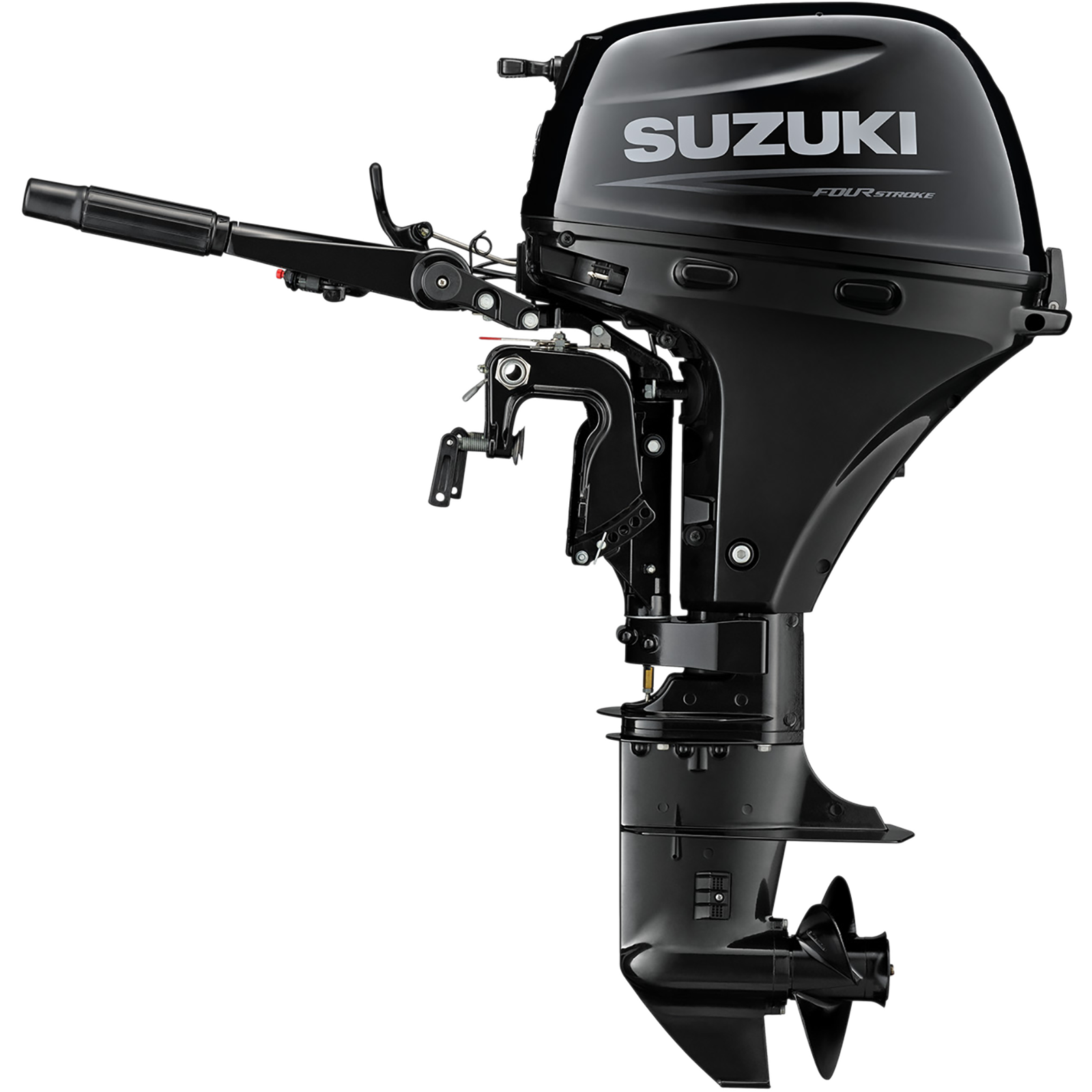 A sleek black outboard motor with handle and propeller.
