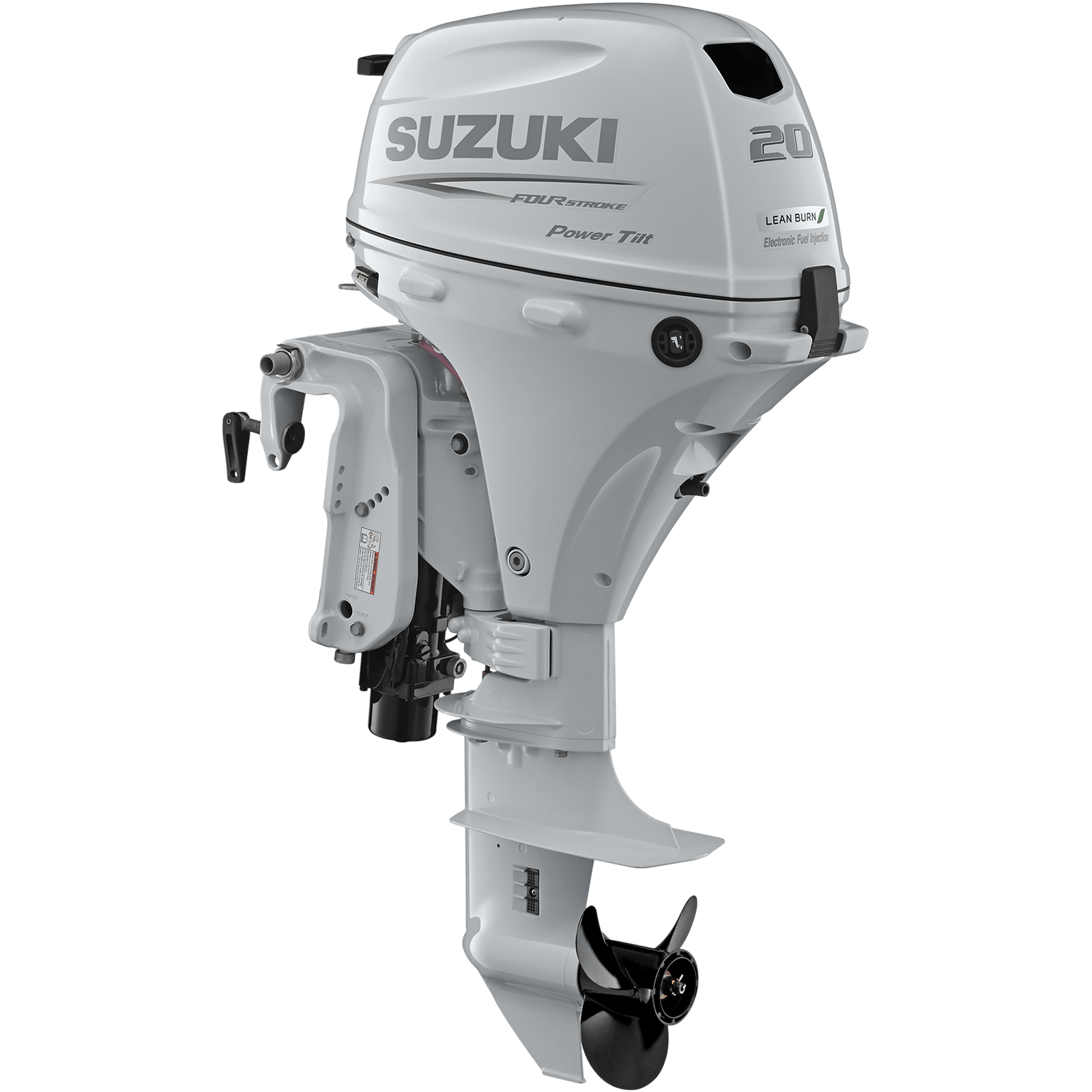 DF20AS5_a A white outboard motor with black propeller and control arm.