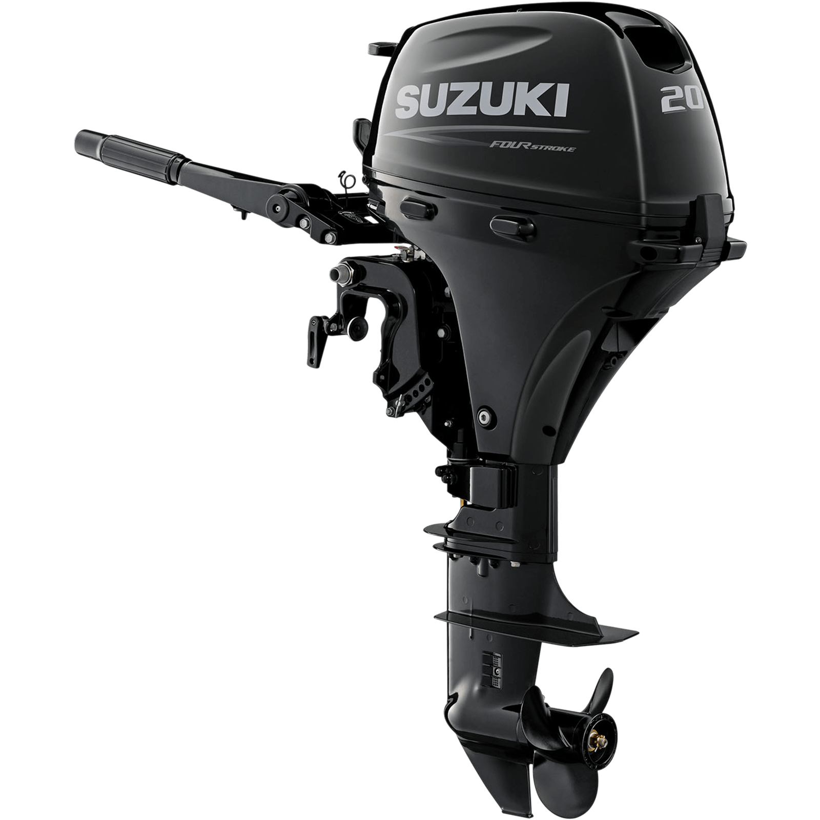 A sleek black outboard motor with propeller and handle is shown against white background.