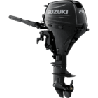 A sleek black outboard motor with propeller and handle.