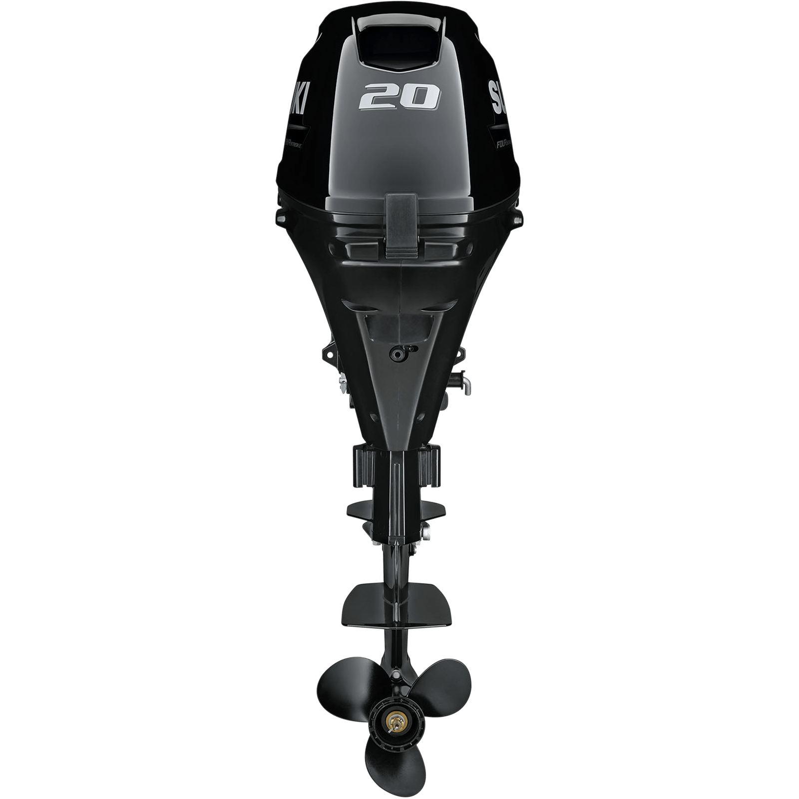 A black outboard motor with propeller and number 20 on top.