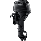 A sleek black outboard motor with propeller and branding details.