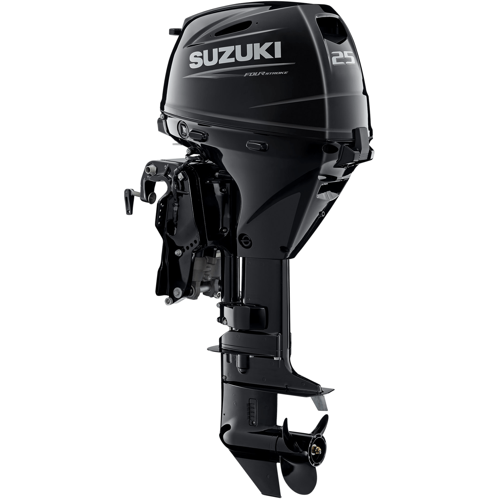 DF25AS5_a A sleek black outboard motor with propeller and branding details.