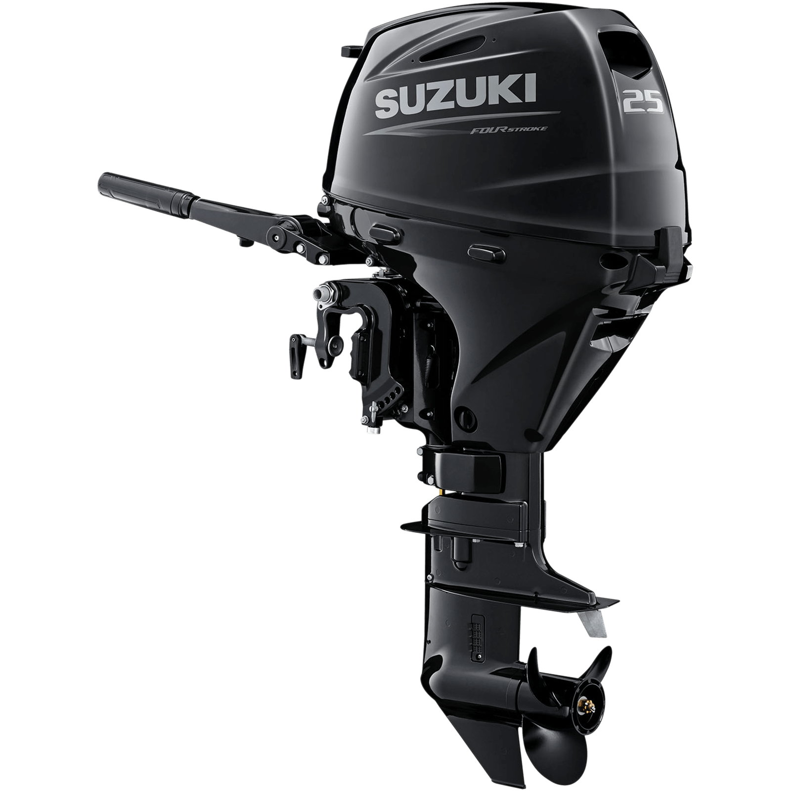 A sleek black outboard motor with propeller and handle.