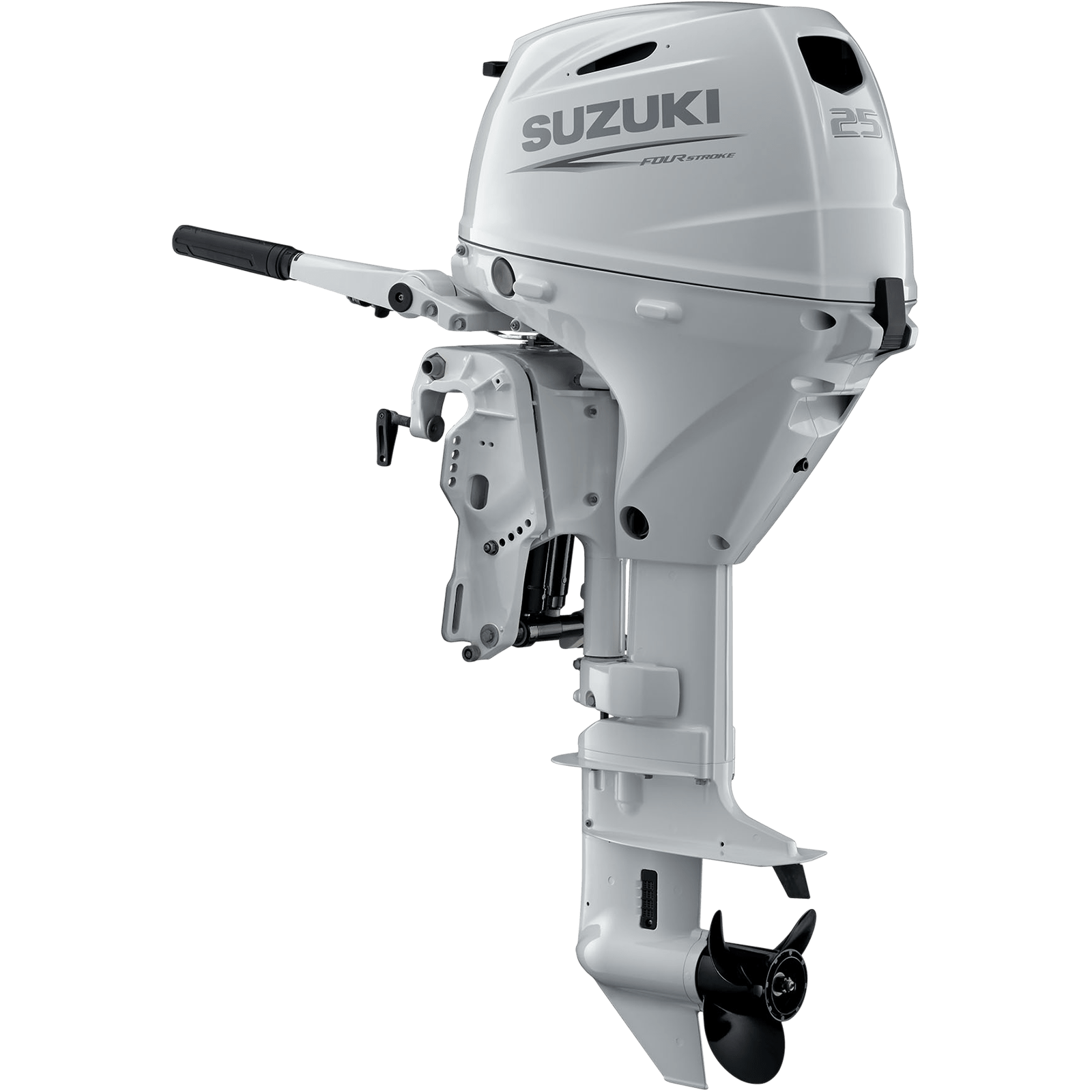 A white outboard motor with black propeller and handle.