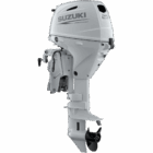 White outboard motor with propeller and engine details shown.