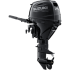 A sleek black outboard motor with propeller and handle.