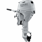 A white outboard motor with black propeller and handle.