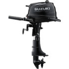 A black outboard motor with handle and propeller is shown against white background.