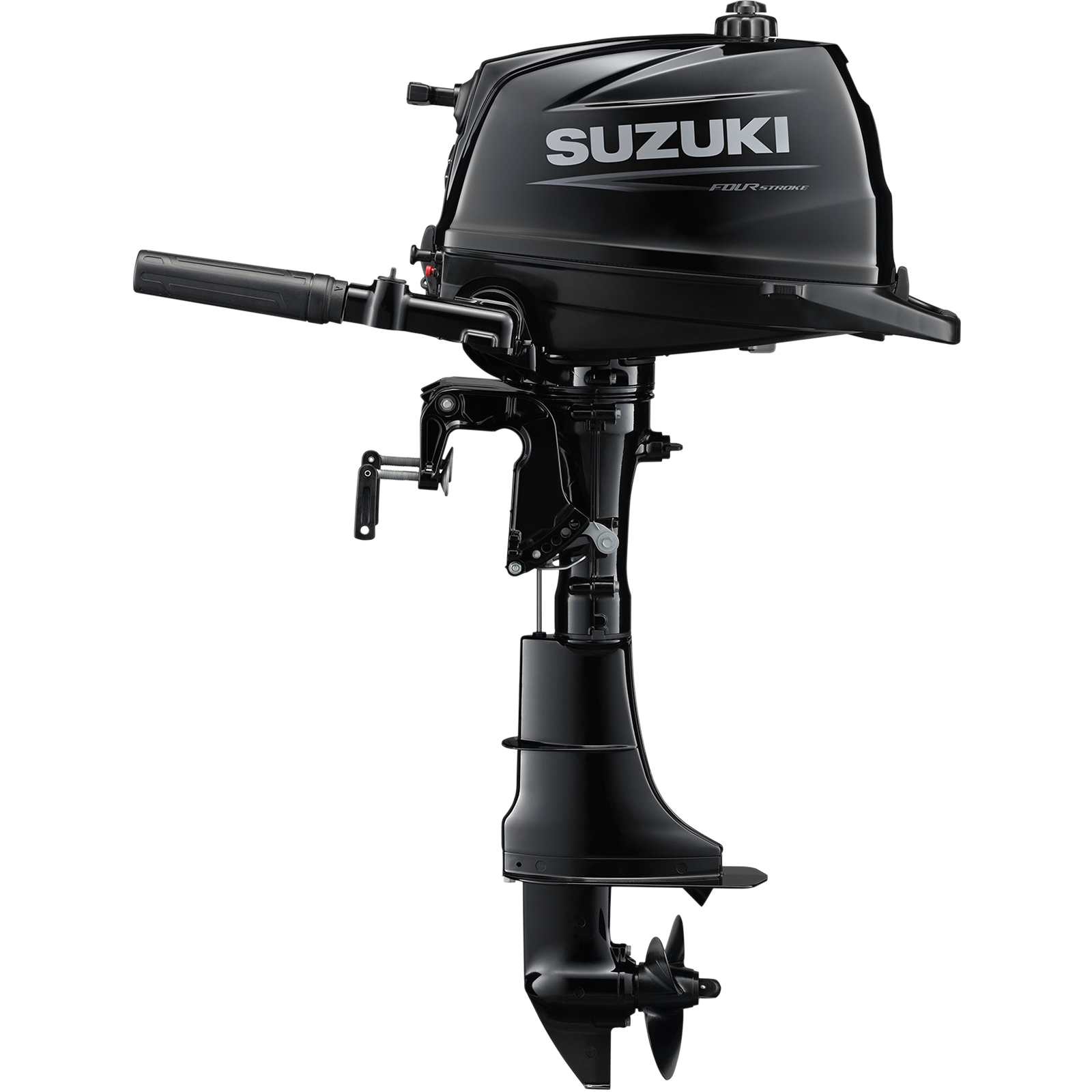 A black outboard motor with handle and propeller is shown against white background.