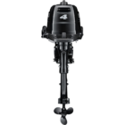 A black outboard motor with propeller and handle is shown against white background.
