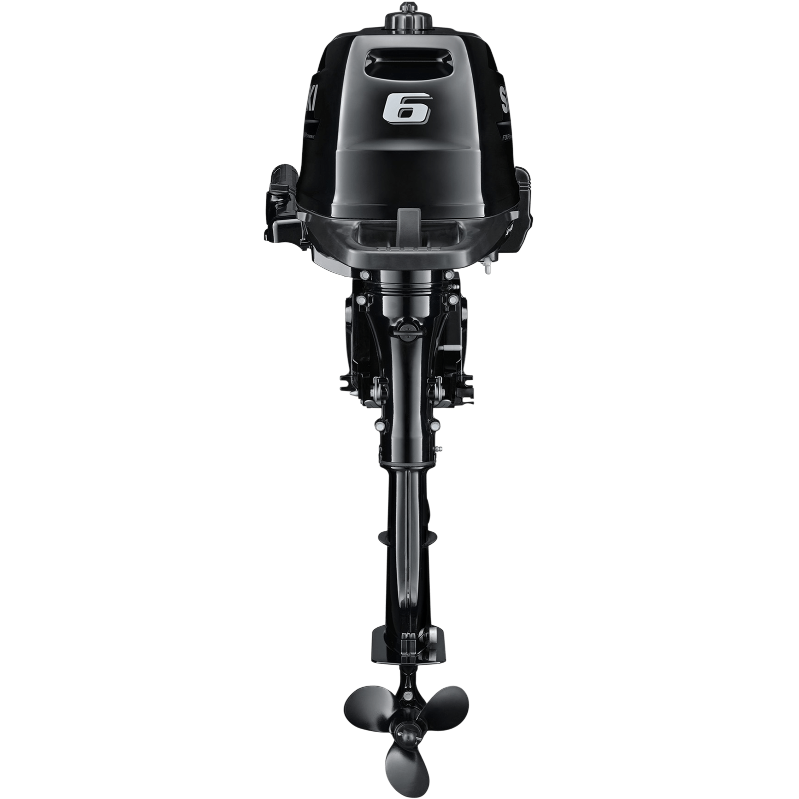 A black outboard motor with propeller at bottom and number six on top.