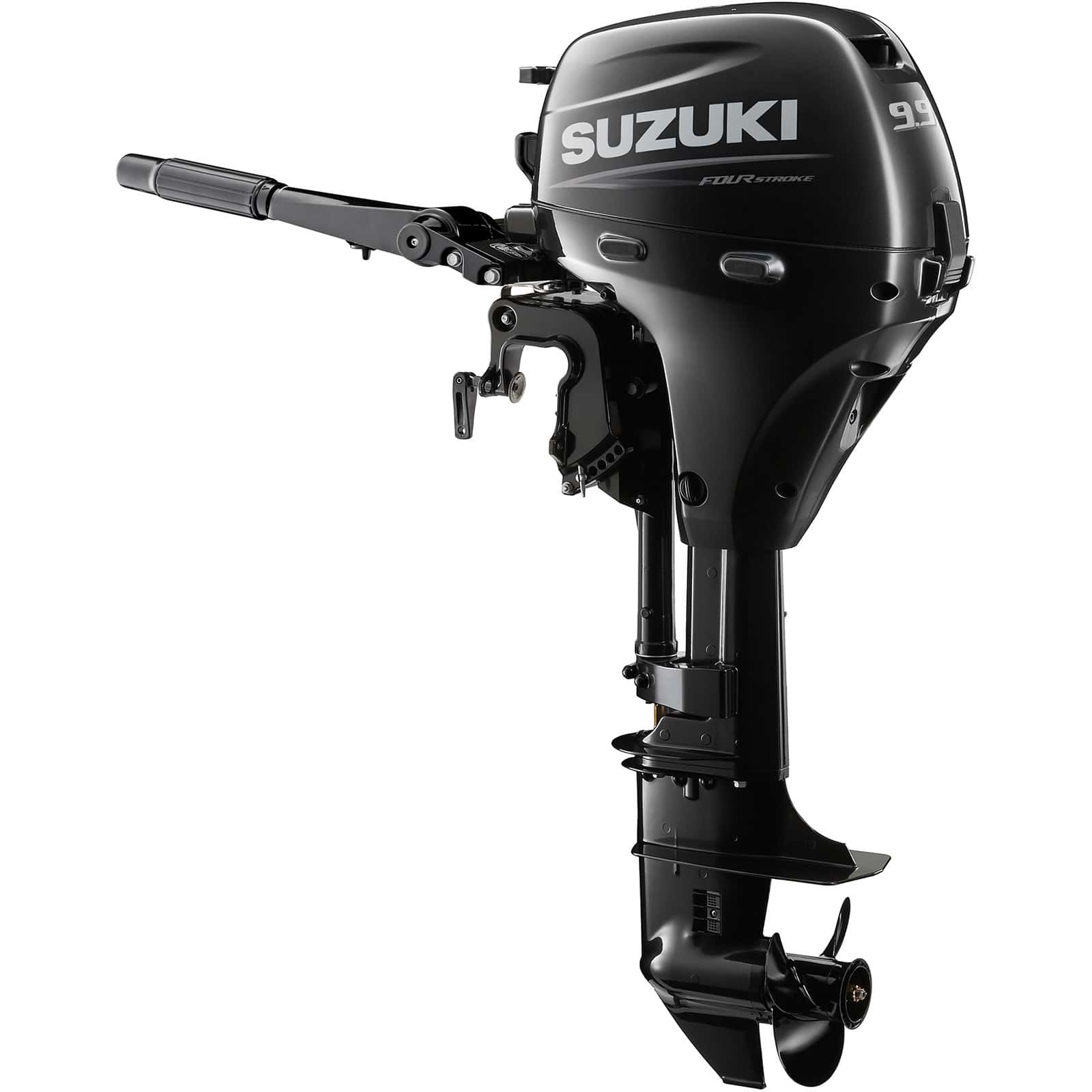 DF9.9BL5_a A sleek black outboard motor with handle and propeller.