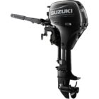 A sleek black outboard motor with handle and propeller.