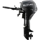 A sleek black outboard motor with handle and propeller.