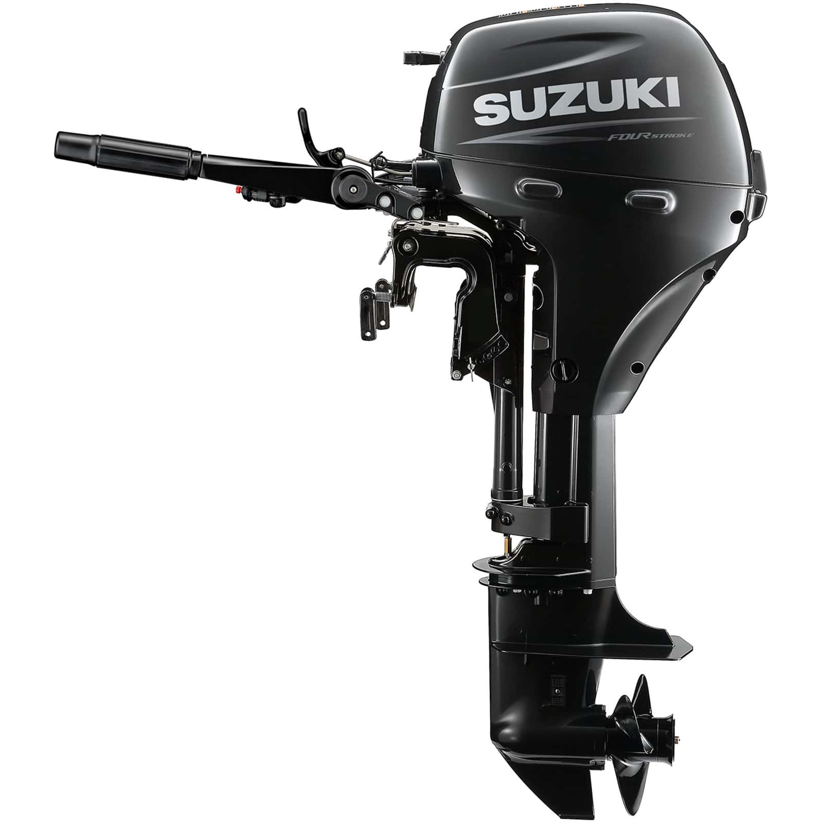 A sleek black outboard motor with handle and propeller.