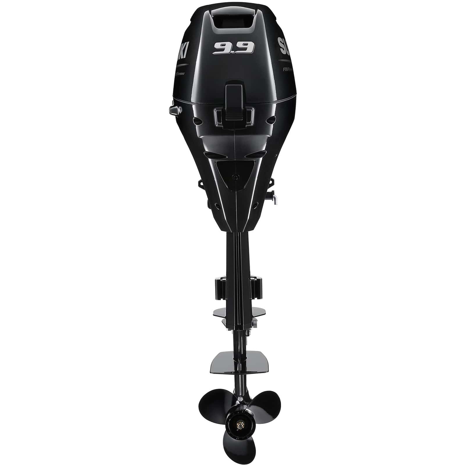 A black outboard motor with propeller and handle is shown against white background.